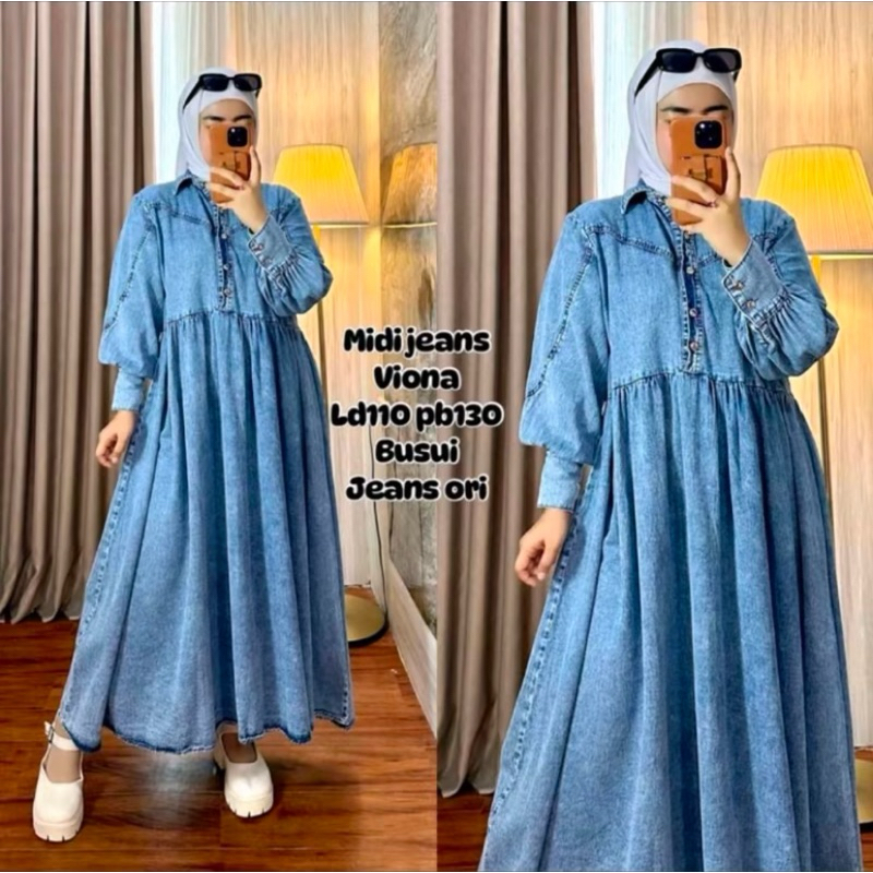 Cod~Gamis Jeans Viona Dress Jeans Wanita Jumbo Ld 110 Pb 130 Terbaru/Baju Gamis Jeans Dress Denim Wa
