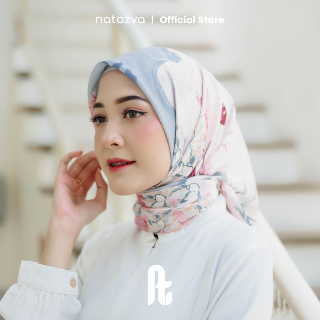Natazva Scarf - Baby Blue Hijab Segi empat Motif Exclusive Voal - Naila series