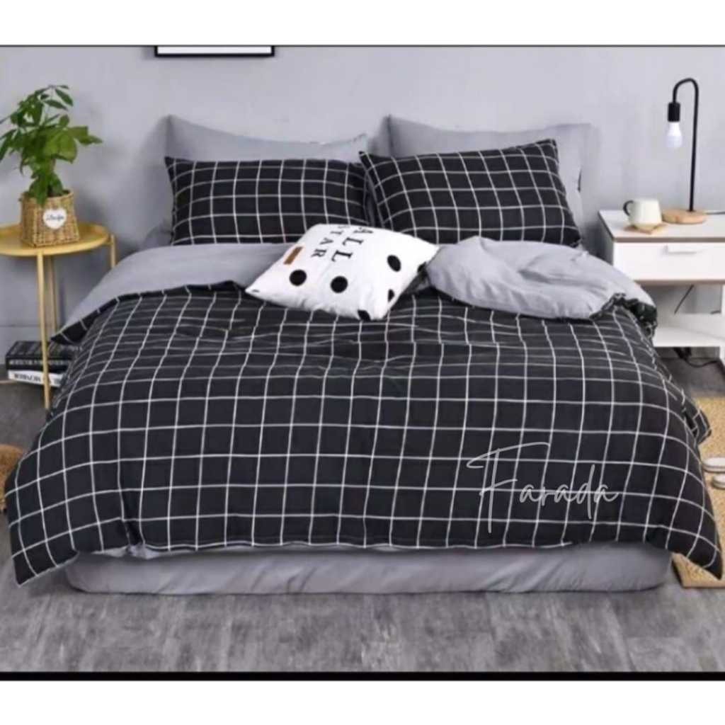 BEDCOVER SET SEPREI MOTIF KOTAK HITAM MIX POLOS [WIDANI STORE]
