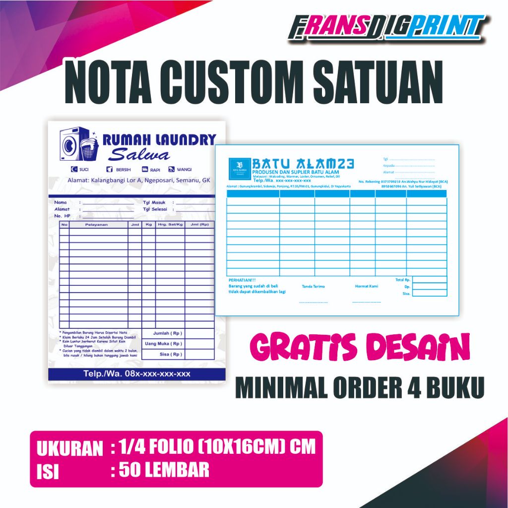 CETAK NOTA CUSTOM , CETAK NOTA, NOTA CUSTOM , GRATIS DESAIN , CETAK NOTA ECER