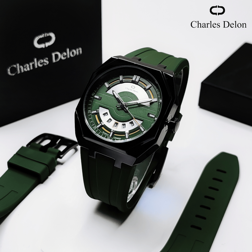 Official CHARLES DELON Watch Free Box Original Jam Tangan Rubber Analog Pria Kalendar Tanggal | CDM 