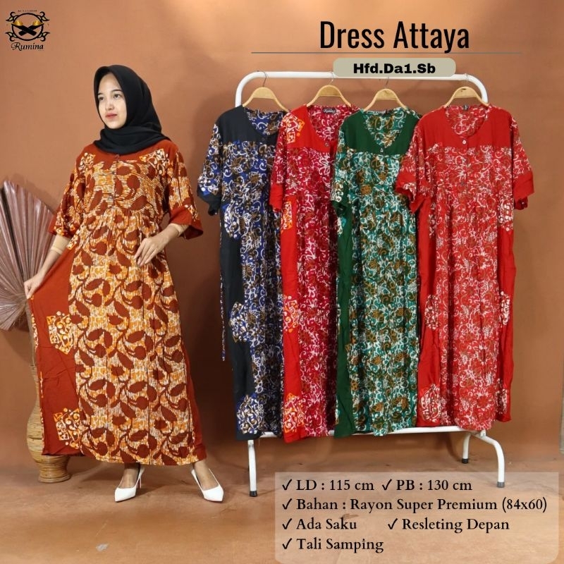 (LD 115 PB 130)) Dress Attaya Original Batik Cap Daster Kancing Bahan Premium Rayon By Rumina Batik 