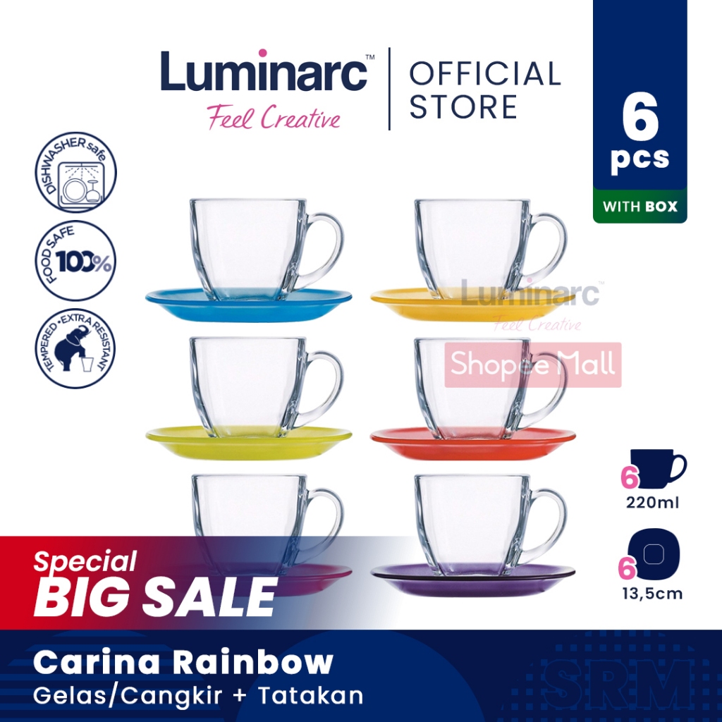 LUMINARC Gelas/Cangkir dan Tatakan Carina Rainbow - 1 Set