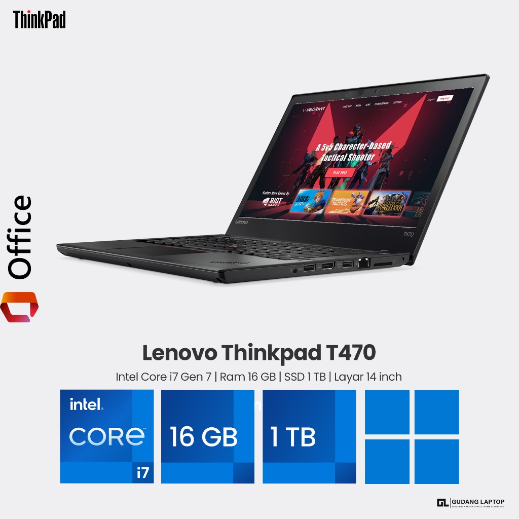 Laptop Lenovo Thinkpad T470 Core i7 Gen 7 Ram 32 GB SSD 1 TB Layar 14 Inch