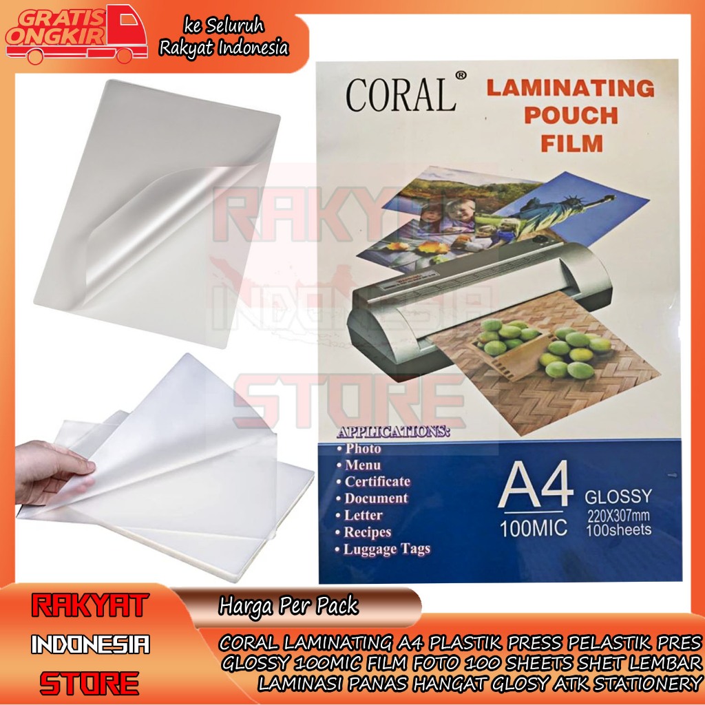 

Coral Laminating A4 Plastik Press Pelastik Pres Glossy 100mic Film Foto 100 SHEETS Shet Lembar Laminasi Panas Hangat Glosy Atk Stationery Kantoran Fotografer Pouch Hot Foto Menu Makanan Sertifikat Surat Dokumen Resep Multifungsi Original