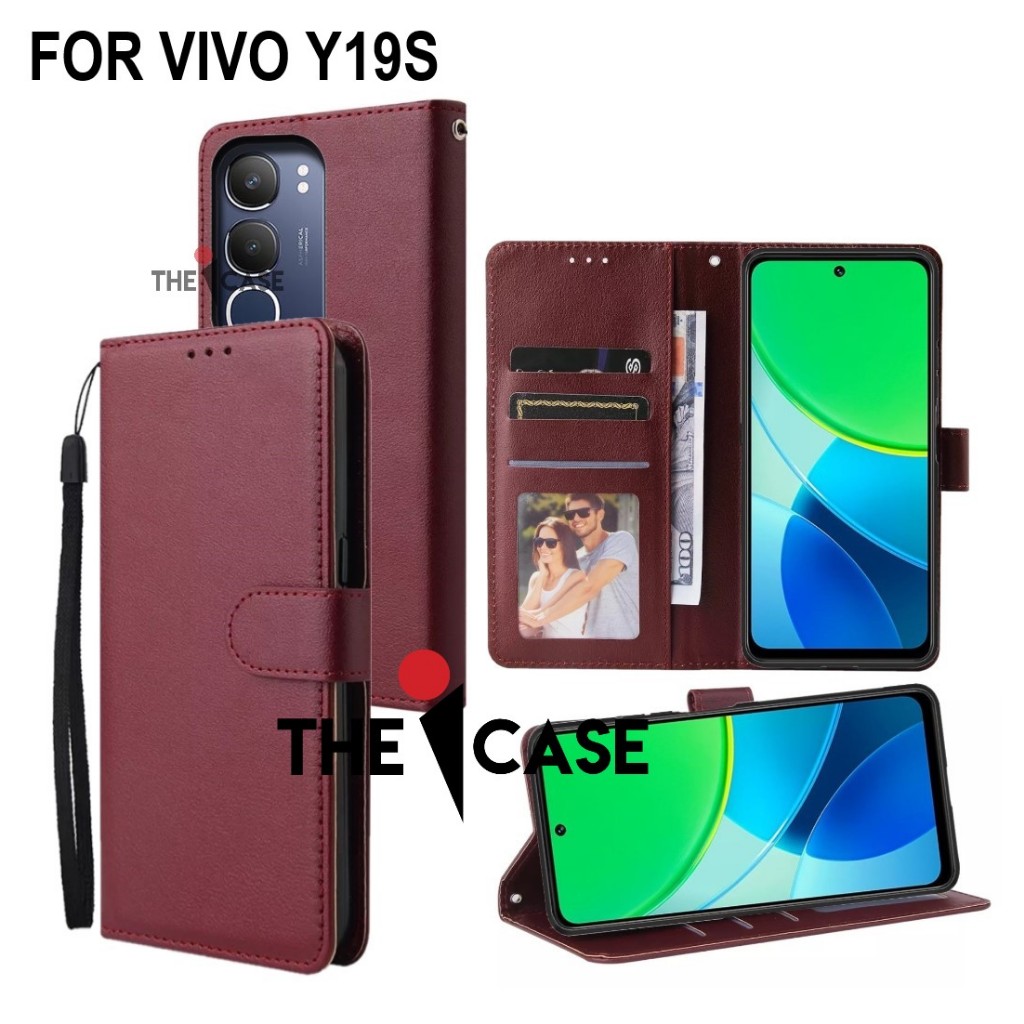 Casing vivo y19s model flip buka tutup case kulit ada tempat foto dan kartu juga tali hp flip cover