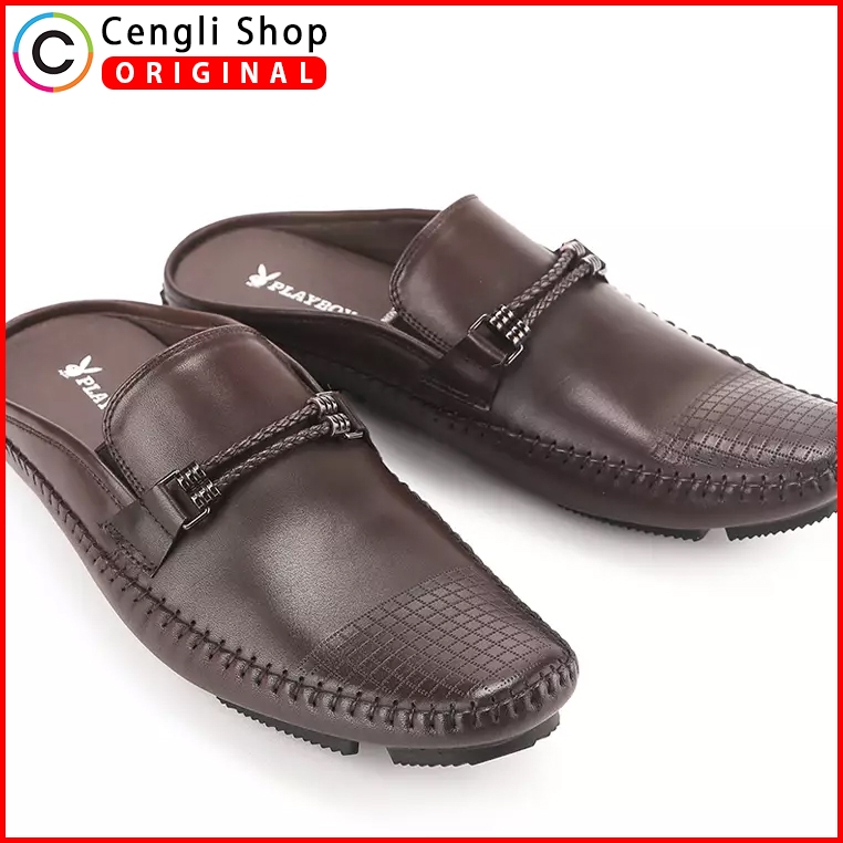 PLAYBOY SEPATU SANDAL KASUAL PRIA ORIGINAL KULIT ASLI ORI SENDAL SLIP ON SLOP SELOP CASUAL COKLAT BR