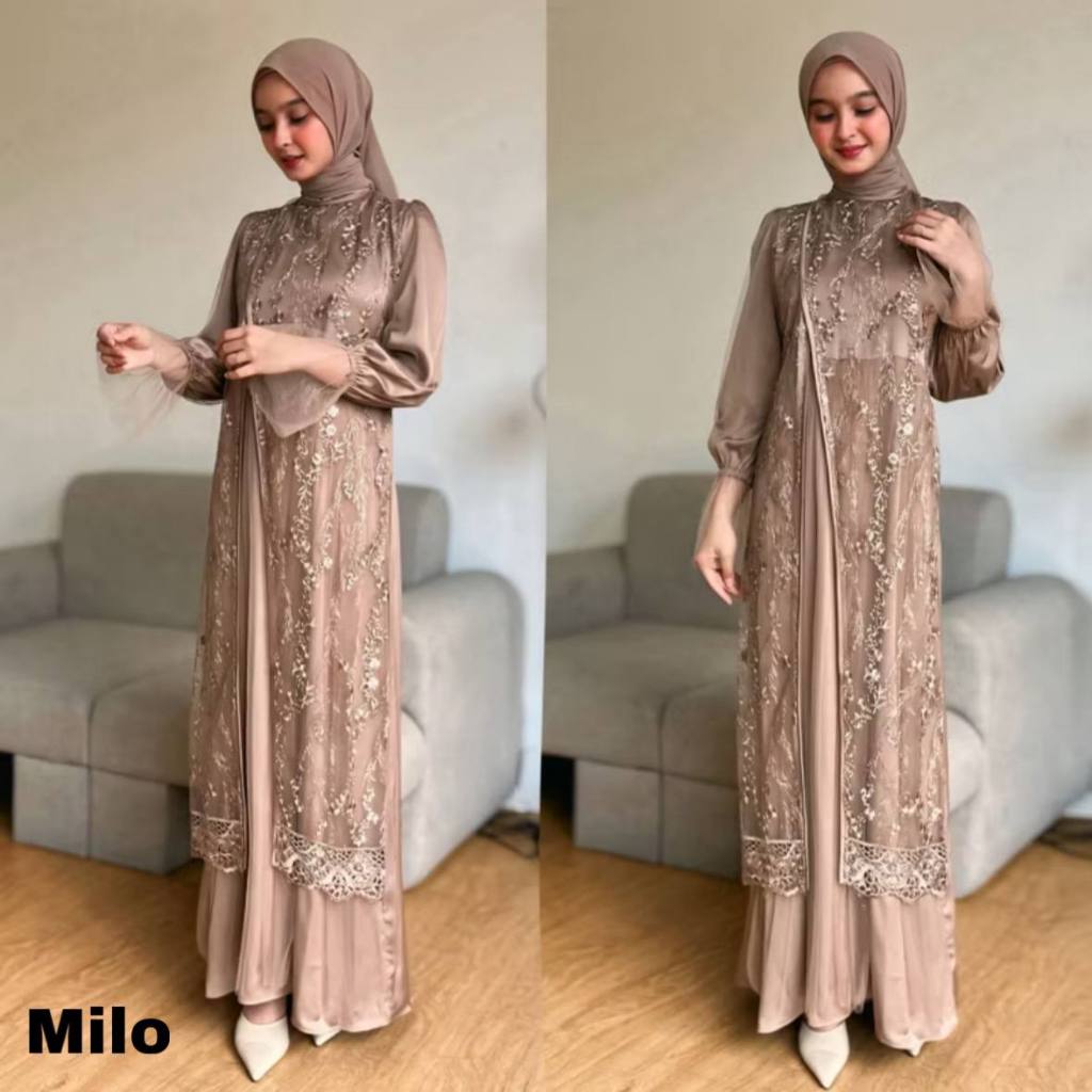 Nayla dress gamis model terbaru 2025 baju muslim bahan stin dan brokat premium