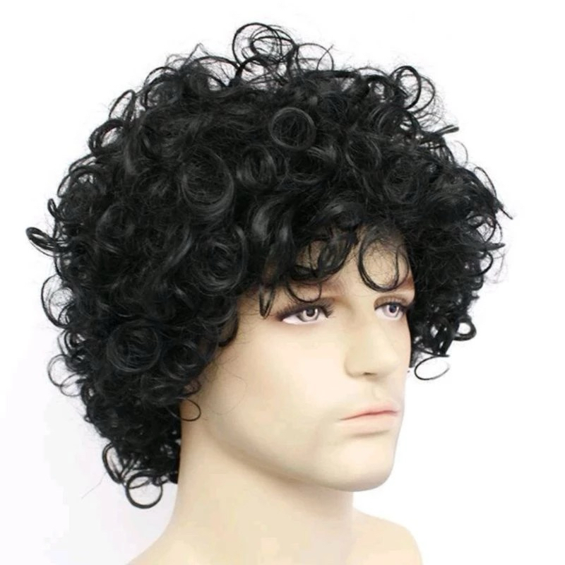 Wig Pria Rambut Palsu Rambut Kriting Pendek Warna Hitam Model Artis Michael Jakshon King