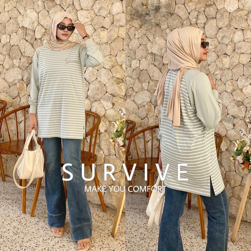 Kaos Tunic Wanita Kekinian Oversize Bahan Katun Lembut Nyaman Ld 120 Survive
