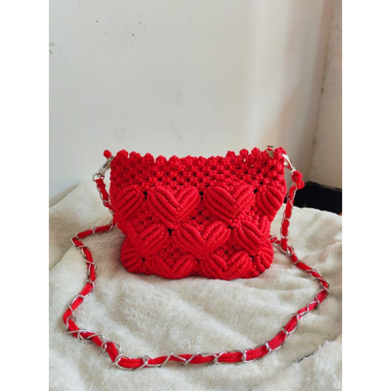 TAS RAJUT MOTIF LOVE/TAS TALI KUR/TAS SLEMPANG/TAS PESTA/TAS WANITA