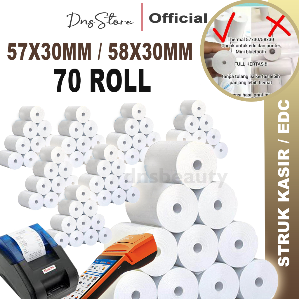

(PAKET USAHA MURAH) 70 ROLL KERTAS STRUK THERMAL PAPER ROLL 58MM 58x30 57x30 TERMAL EDC CORELESS KASIR RECEIPT