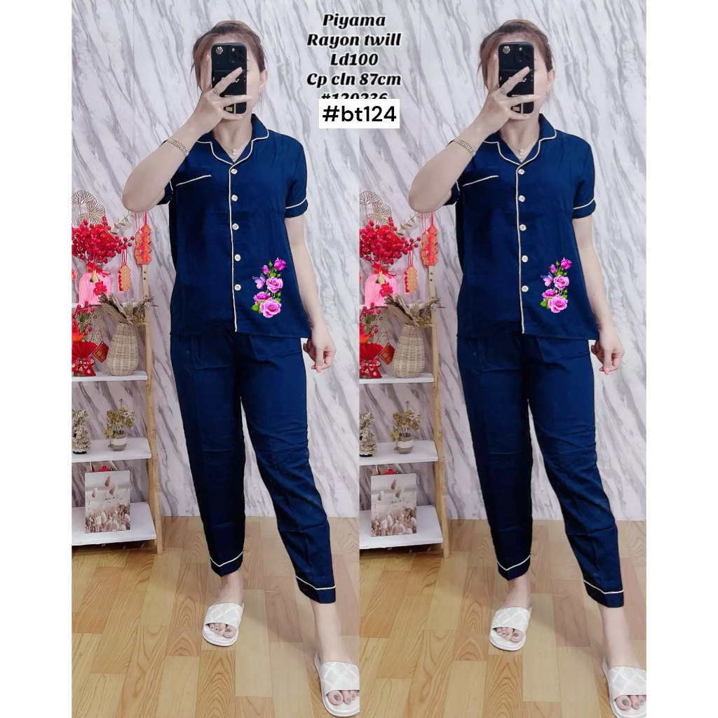 Setelan Piyama Wanita / PIyama Celana Panjang Rayon Twill / Motif Bunga