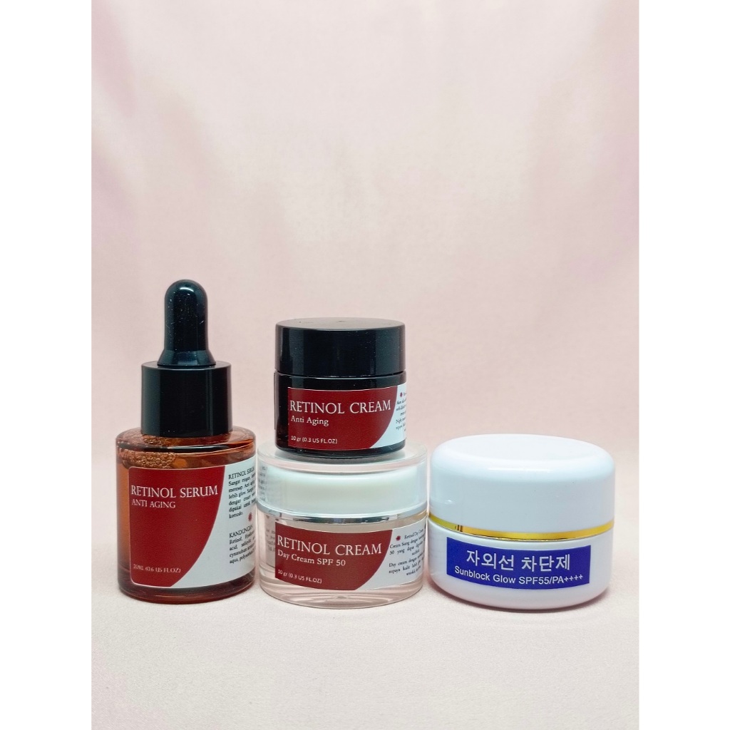 PAKET RETINOL DAY & NIGHT 4 IN 1 Penghilang Flek Hitam Tebal & Bekas Jerawat ( Serum Retinol, Retino