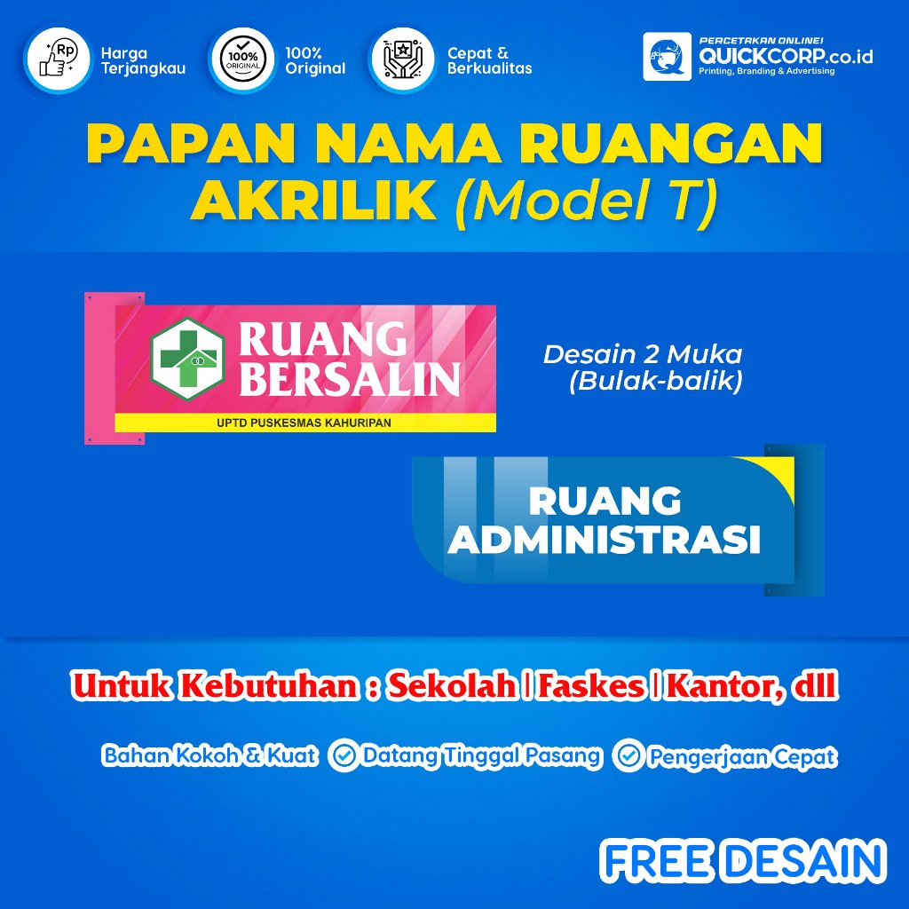 

Papan Nama Ruangan Akrilik (Model T) Untuk Kebutuhan Sekolah, Kantor, Bidan, DLL - Papan Nama Akrilik Berkualitas untuk Kebutuhan Bisnis