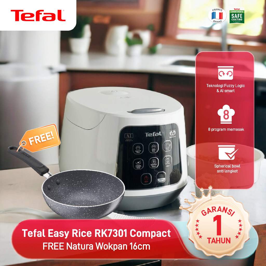 Tefal RK730 Penanak Nasi Digital 1 Liter Putih, Teknologi Fuzzy Logic & AI Smart Cooking