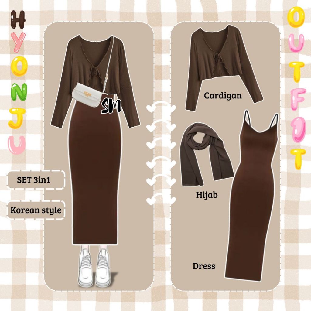 SM - Hyonju Outfit 3in1 ( Hijab + Cardigan + Dress ) OOTD Korean Style