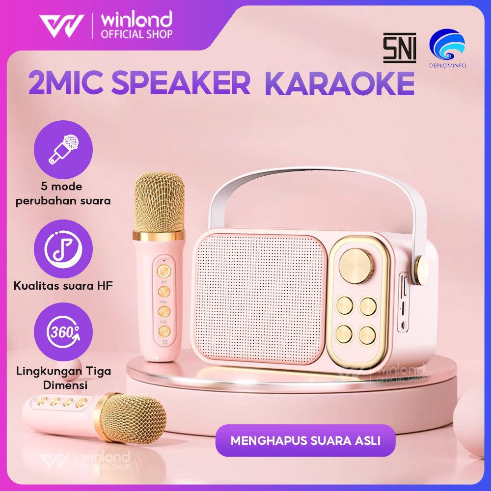 Winland Speaker Bluetooth Karaoke 1 set 2 Wireless Microphone Cute Wireless Lucu Portabel Luar Ruang