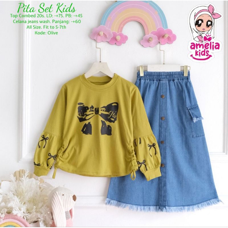 Baju Setelan Anak Pita Set Kids By Amelia Untuk Usia 5-7 Tahun ( Bisa COD )