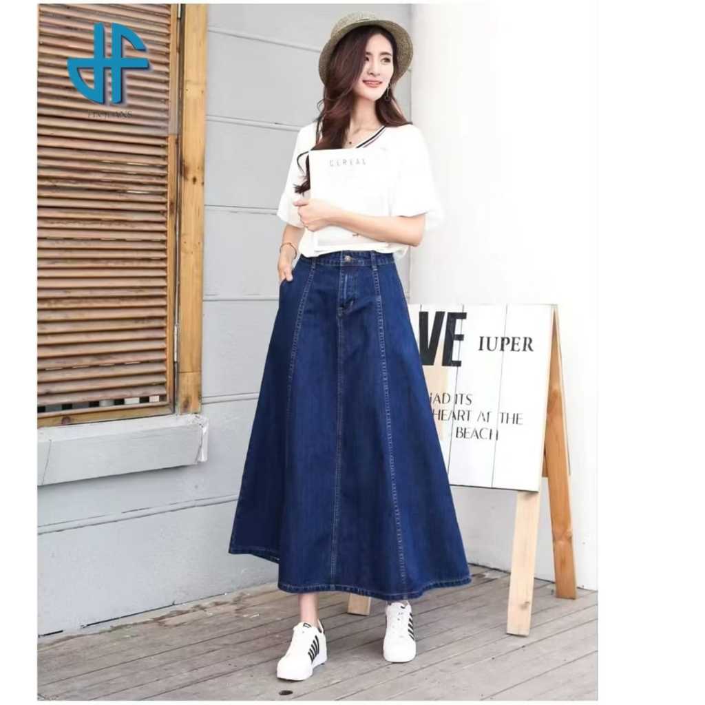 Jisso rok jeans mayung premium Wanita A- Line 7/8 Model Payung Pinggang Karet - Rok Wanita Hihgwaist