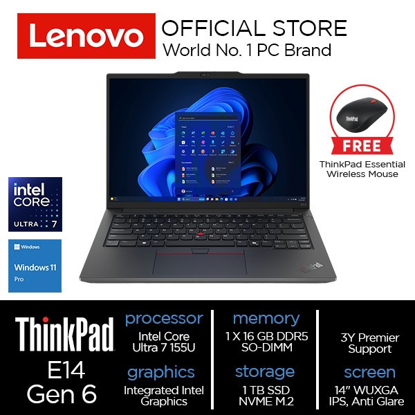 Lenovo ThinkPad E14 Gen 6 (Intel) Intel® Core™ Ultra 7 155U WIN11 PRO 16GB 1TB SSD 14" WUXGA (1920x1