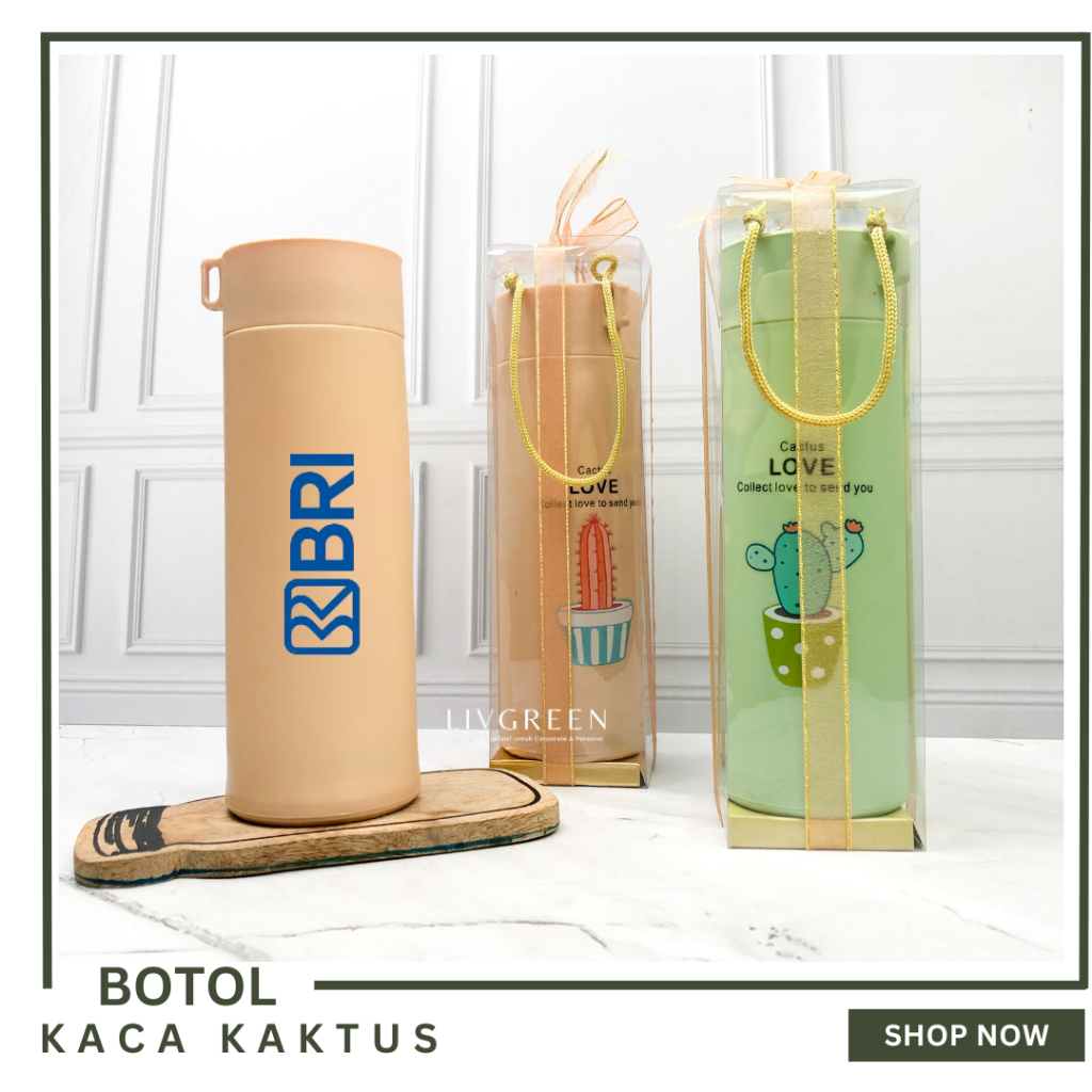 Souvenir Corporate Botol Kaca Kaktus Custom  Kemas Mika Pita