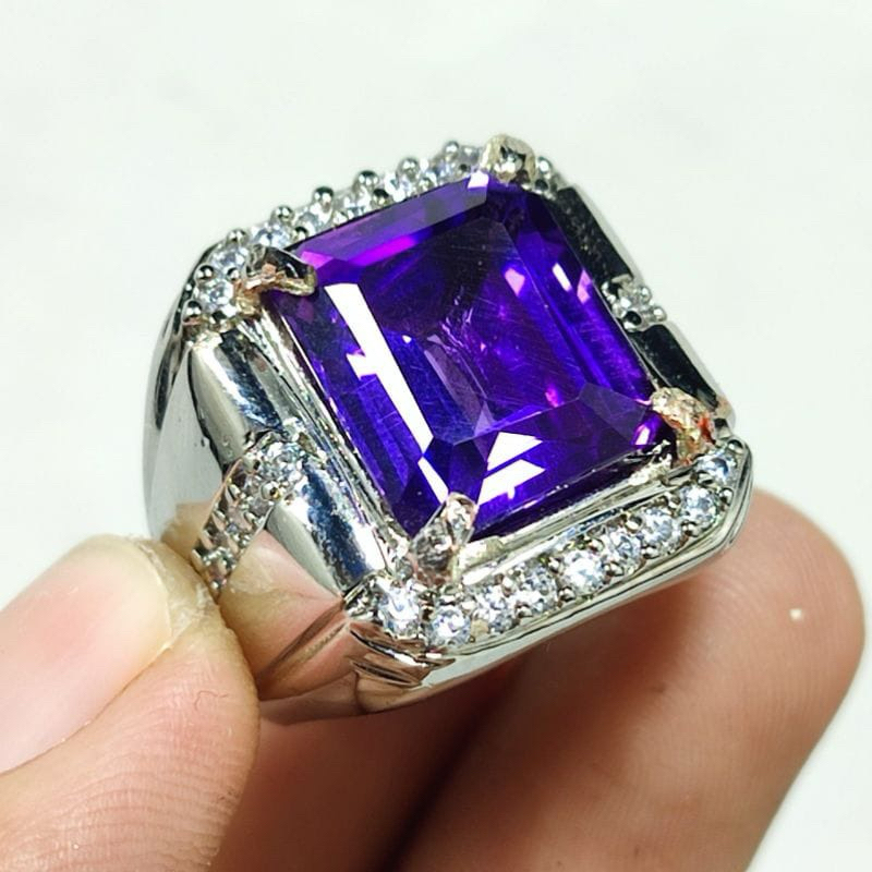 BAYAR DITEMPAT CINCIN PRIA AKIK PERMATA KECUBUNG AMETHYST CUTTING KOTAK ASLI NATURAL SIAP PAKAI