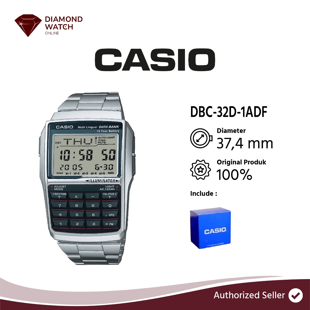 Jam Tangan Kalkulator Casio DBC-32D-1ADF Data Bank case Resin Stainless Steel Strap