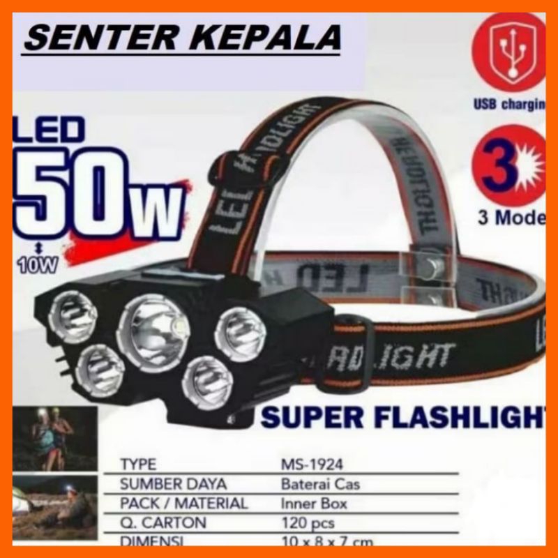 Senter Kepala 50 Watt 5 Led Rechargerable 3 Mode Cahaya