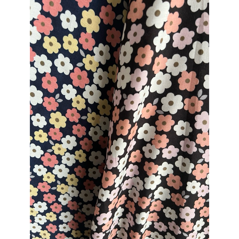 kain katun rayon viscose premium motif bunga hitam dan navy  terbaru best seller