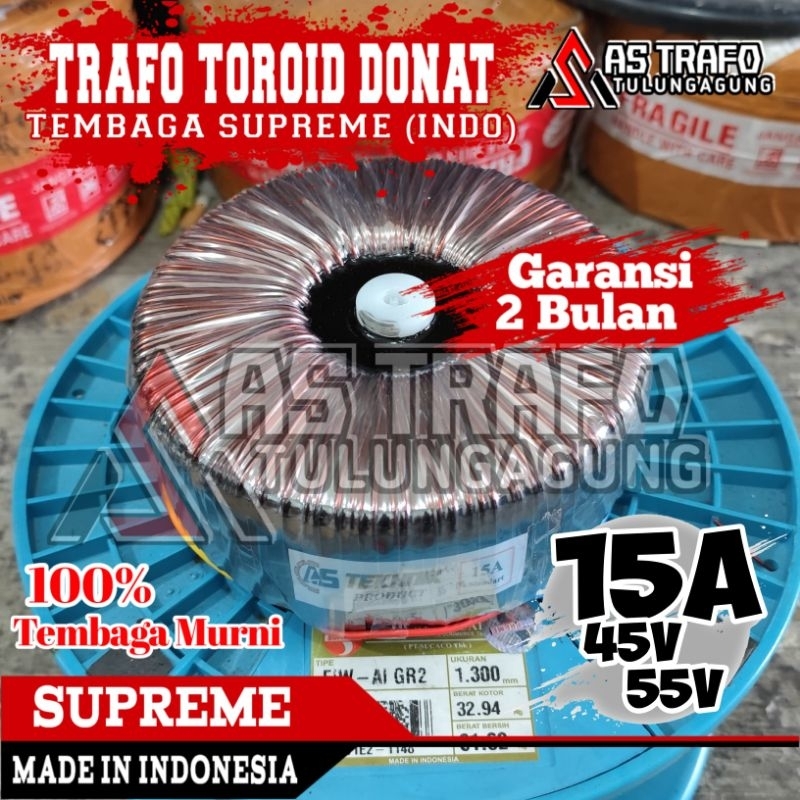 TRAFO TOROID DONAT 15A CT 55v-45v murni Tembaga Suprame Bergaransi