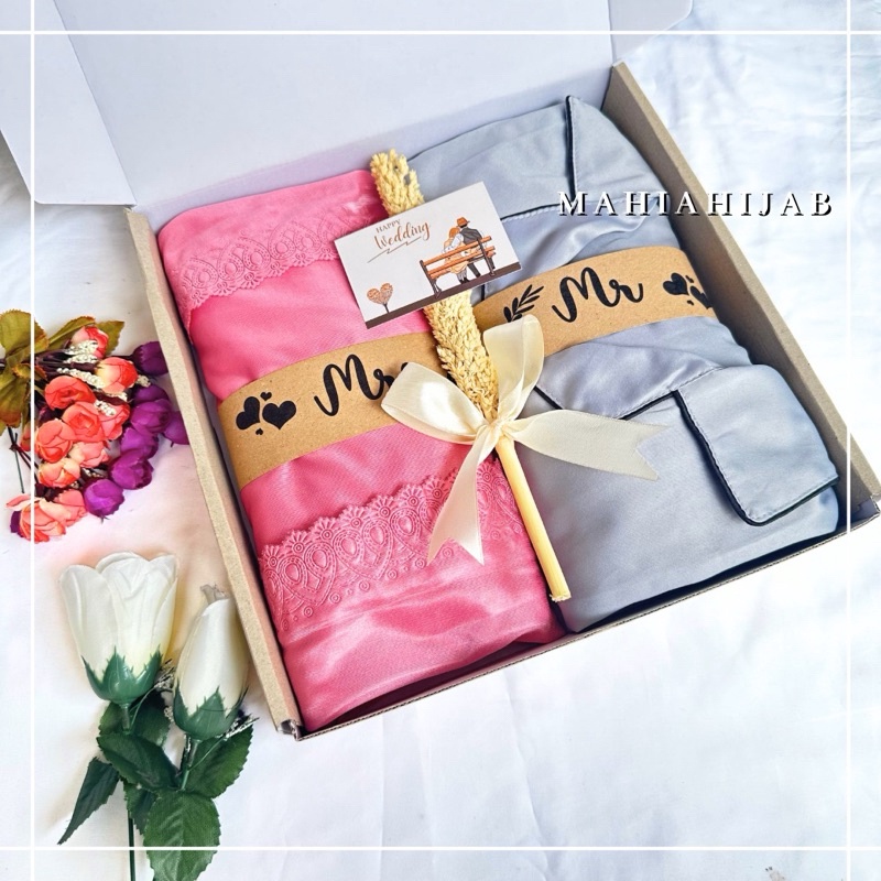 Hampers Wedding Baju Tidur Satin couple Hadiah Pernikahan Setelan Piyama Pria dan Lingerie Kimono Wa
