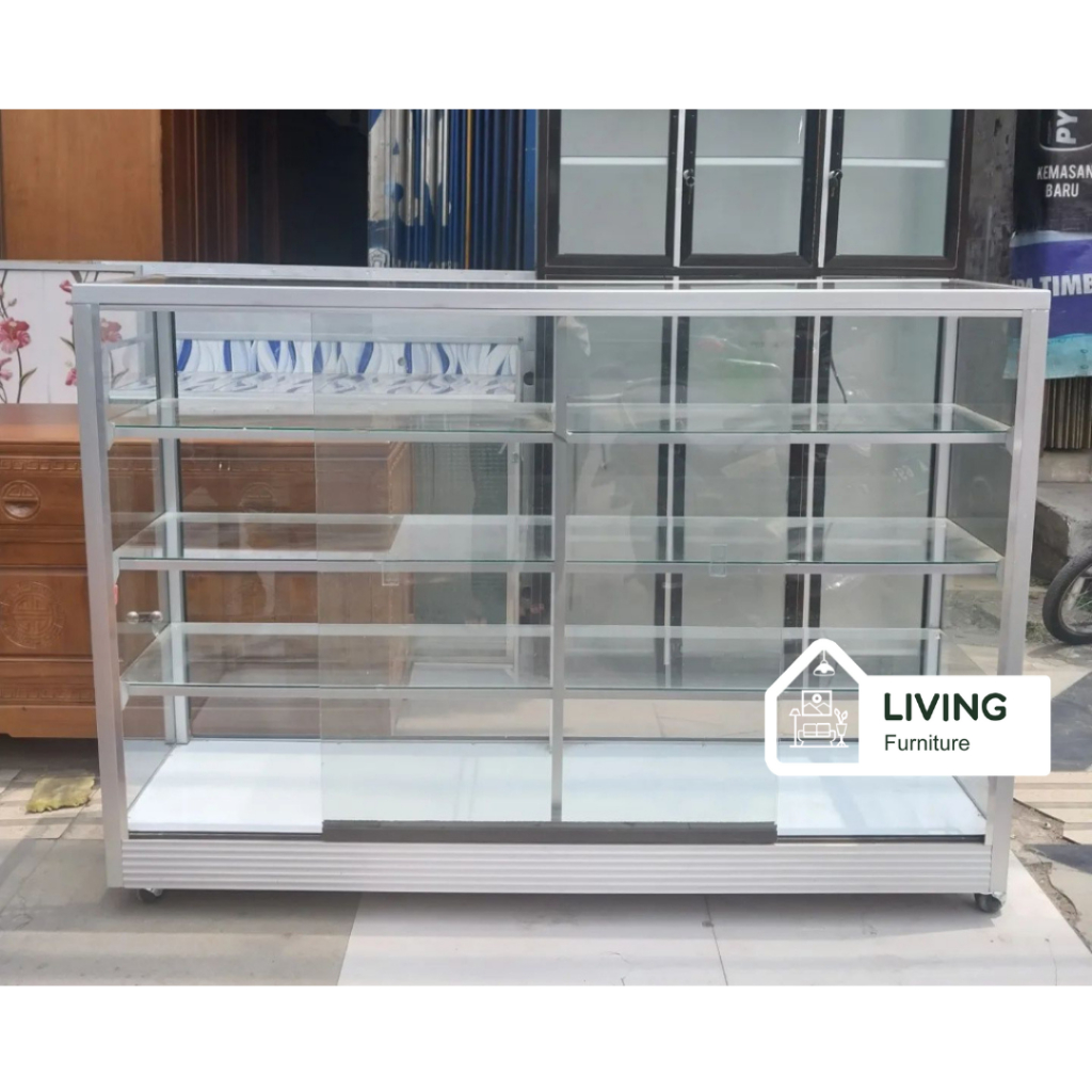 Etalase kaca 1.5 meter / etalsae kaca alumunium minimalis / etalase kaca pakai roda / etalase toko