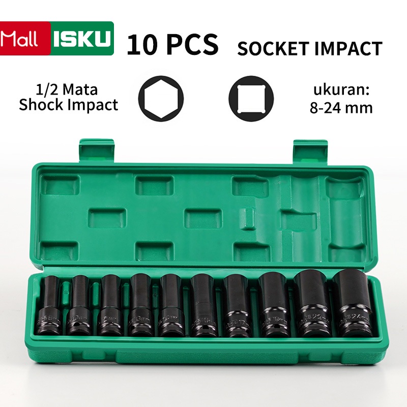 ISKU 10Pcs Mata Socket 8-24mm 1/2 Inch 6Pt Socket Impact Panjang 8-24mm Bahan Cr-V Impact Socket 10p