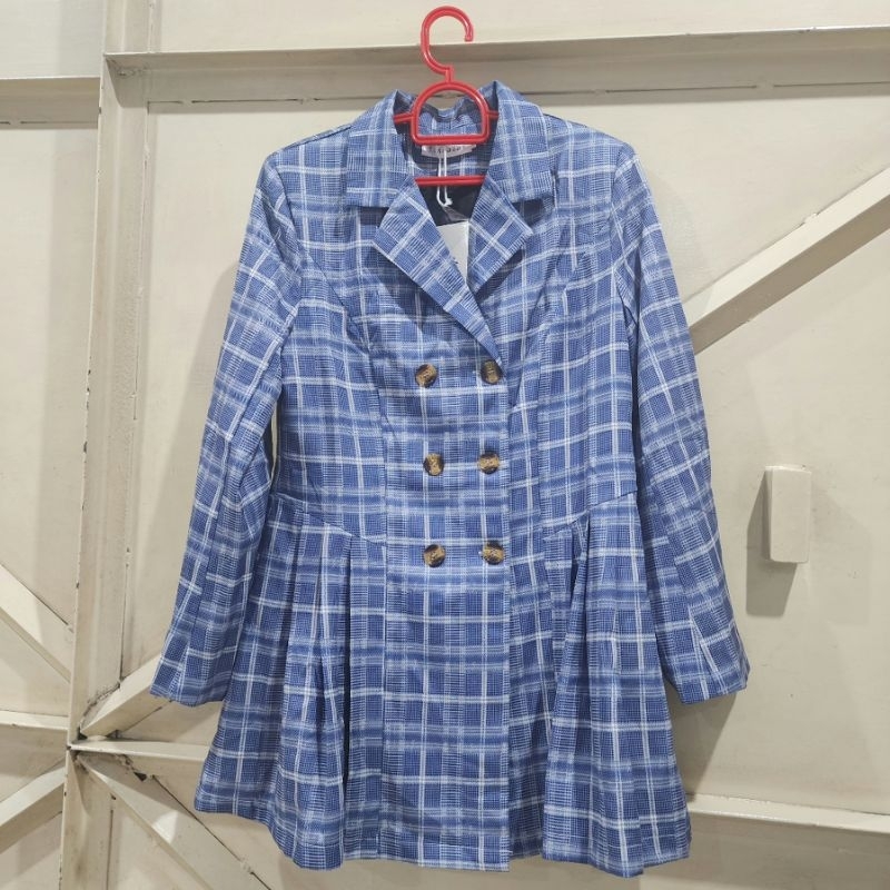 Dress blazer wanita import motif kotak kotak biru model korea