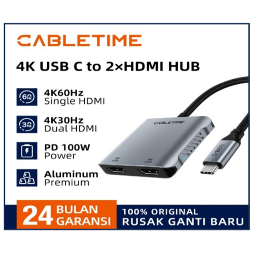 Cabletime 4K60Hz USB C to DUAL HDMI HUB, Support MST