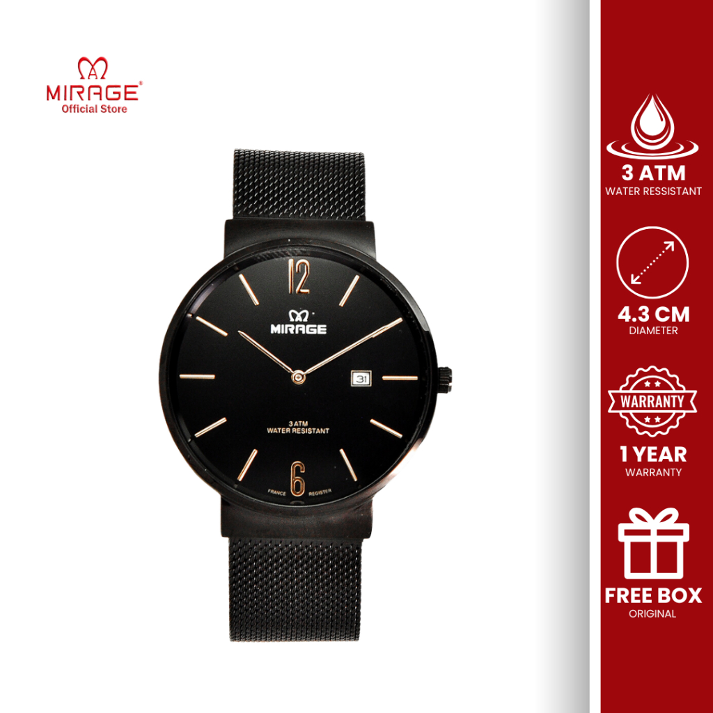 Mirage Original Jam Tangan Pria Analog Rantai Pasir Hitam 2 Jarum Tanggal Aktif 8624 / 8891 M Garans