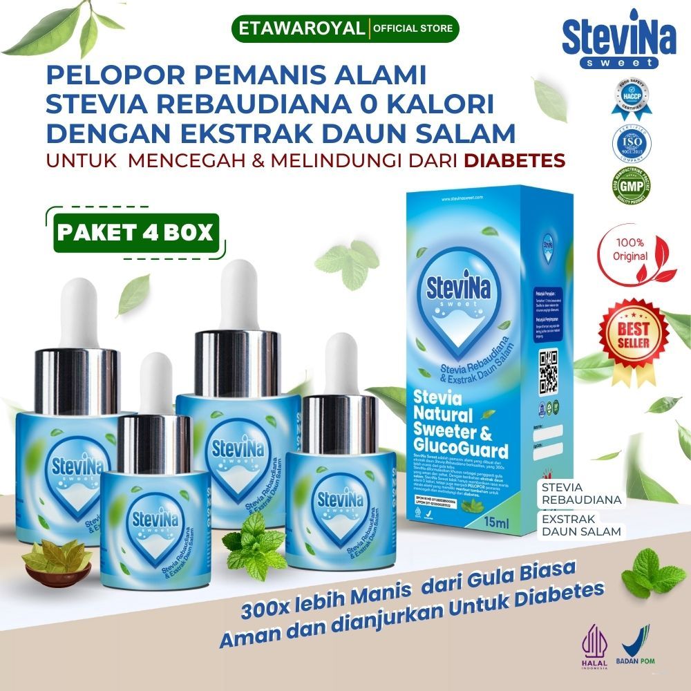 

Stevina Sweet Pemanis Alami 0 Kalori plus Herbal Daun salam Pengganti Gula Untuk Kesehatan Jantung 4 Botol 15 ml