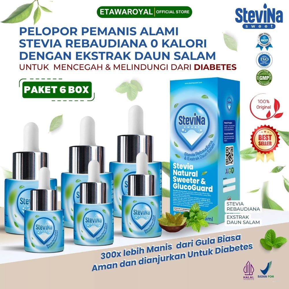 

Stevina Sweet Pemanis Stevia Alami 0 Kalori plus Herbal Daun salam Pengganti Gula Untuk Menurunkan Kadar Gula Darah Kemasan 6 Botol 15ml