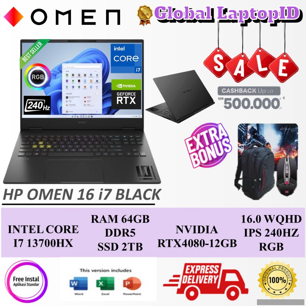 Laptop Gaming HP Omen 16 Intel Core i7 13700HX RAM 64GB DDR5 2TB SSD RTX4080-12GB 16.1 WQHD IPS 240H