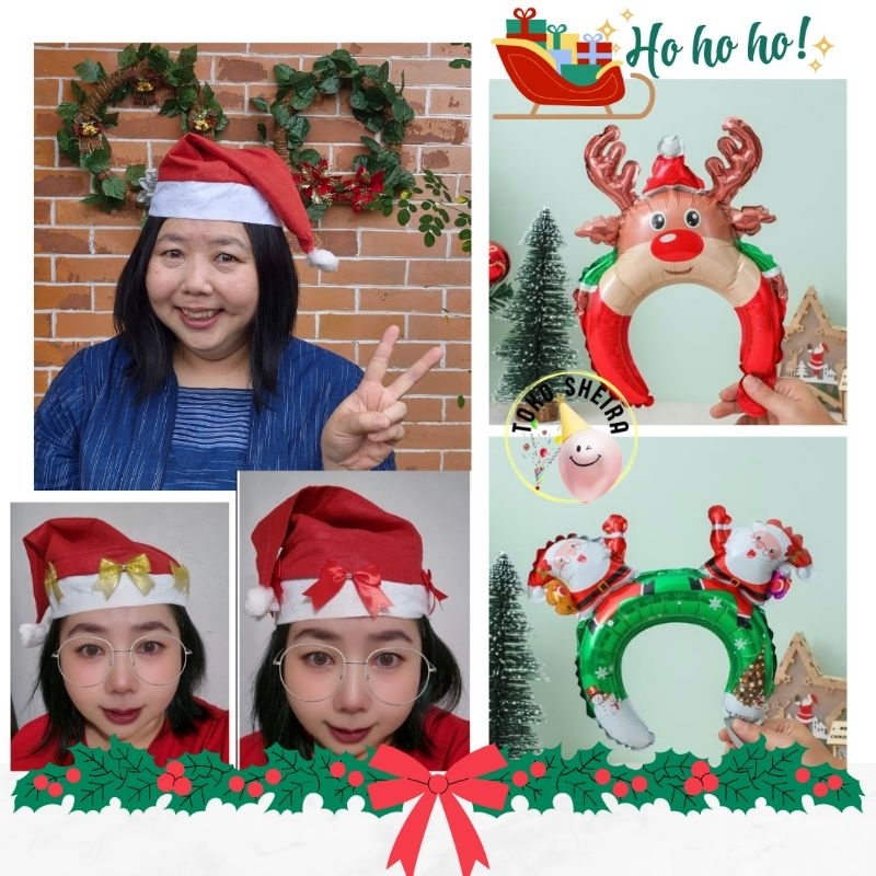 Topi Santa Claus Polos Pita Merah Gold Balon Bando Isi 5 Anak Dewasa Topi Natal Dekorasi Natal Merry