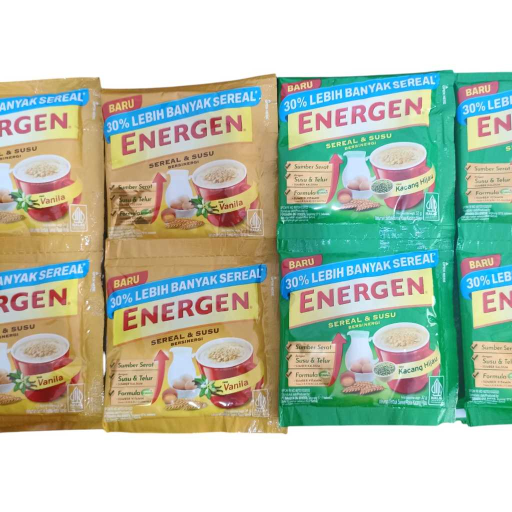 

Energen Renceng Rasa Cokelat,Vanilla,Kacang Hijau kemasan baru isi lebih banyak