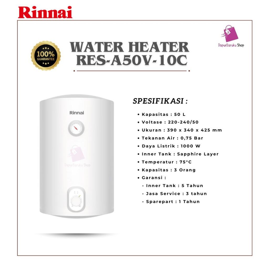 Rinnai Water Heater Listrik 50 Liter (Vertical) RES A50V-10C