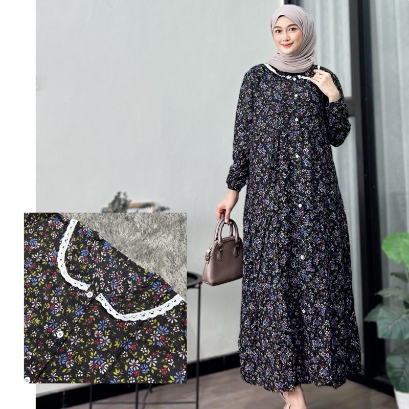 Gamis Midi Dress Motif Bunga Bunga Bahan Rayon Viscos Premium Model Resleting Depan Busui Bumil Ld 1