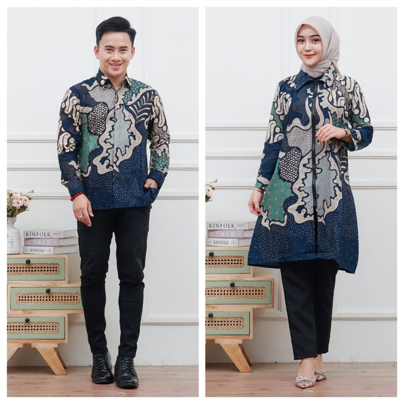 Sarimbit Batik Tunik Wanita Muslim Modern Resleting Depan Kemeja Panjang Pola Kekinian Hijau Biru jo