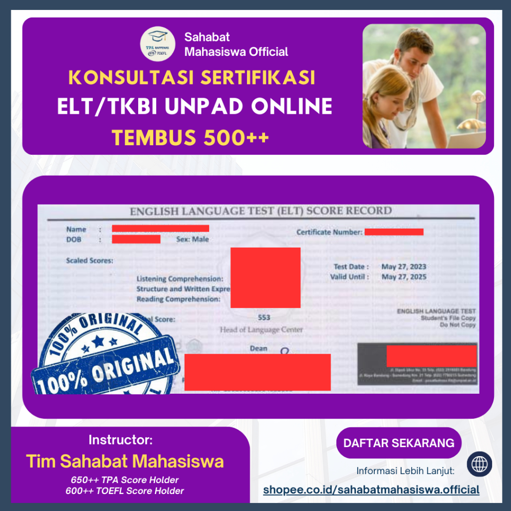 Layanan Konsultasi TOEFL/EPT/TKBI/TOEP/IELTS ONLINE Siap Tembus 530+