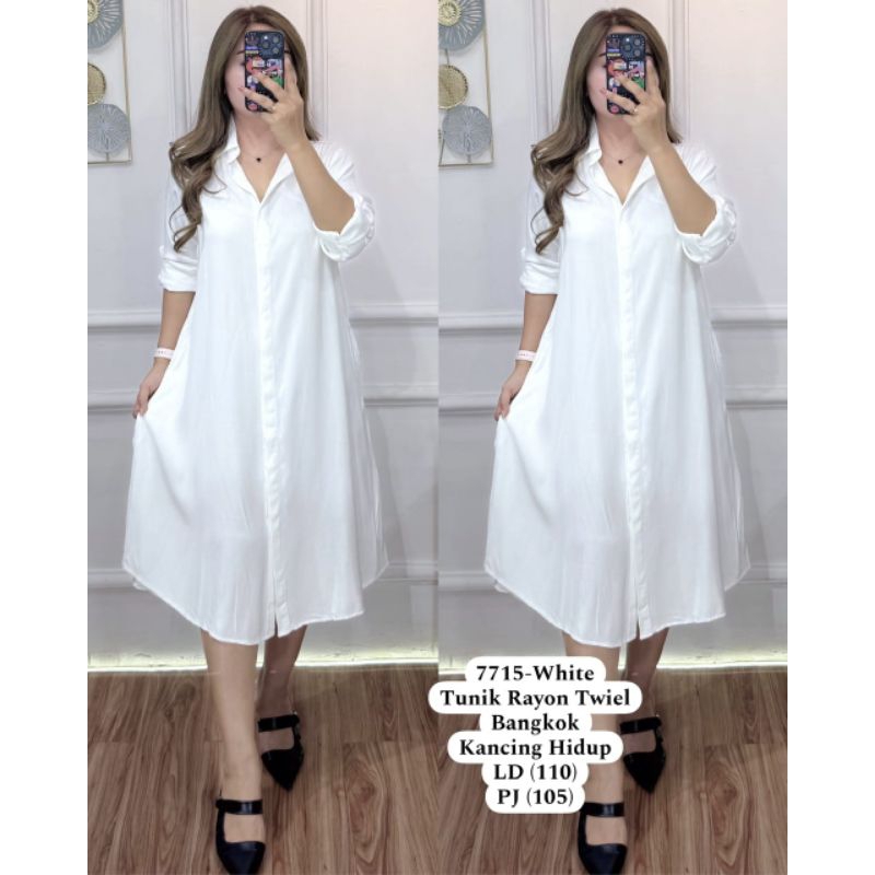 LONG KEMEJA TUNIK RAYON TWILL PREMIUM POLOS KEMEJA DRESS TC 77155 WHITE DRESS PUTIH