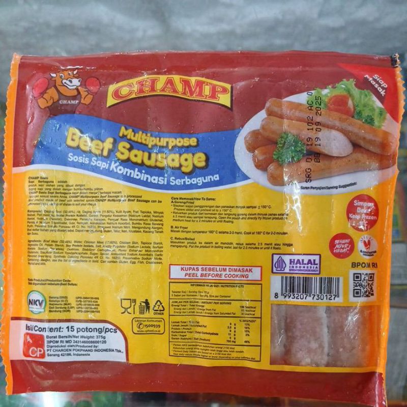 

CHAMP BEEF SAUSAGE MULTIPURPOSE SOSIS SAPI KOMBINASI SERBAGUNA 375 GRAM