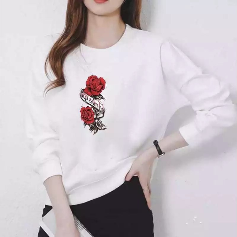 Sweater Bunga Mawar Kaos Lengan Panjang Viral Wanita Terbaru Distro Atasan Lembut Printing Tebal COD
