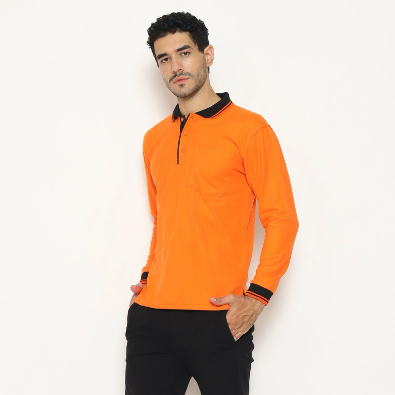 KAOS POLO SHIRT - LENGAN PANJANG - ORANGE - KERAH HITAM - SAKU